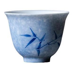 中式陶瓷手绘雾蓝翠竹品茗杯家用个人主人杯单杯功夫茶具普洱茶杯