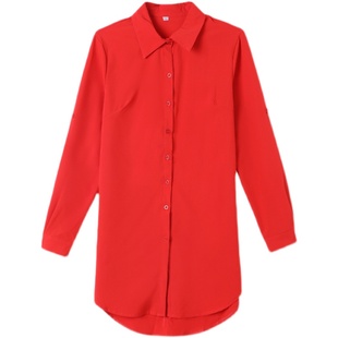 衬衫女士中长款大码女装长袖性感上衣大红色洋气打底衫雪纺衬衣裙