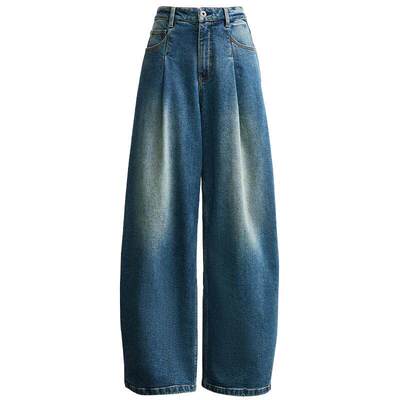 SEASONHIGH女士春季款牛仔裤宽松立体剪裁零钱袋logo皮标长裤女