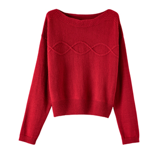 晚白2026年春新款时尚简约新年中国红一字领毛衣宽松百搭针织衫