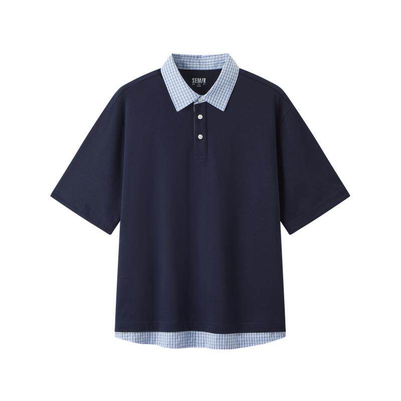 森马假两件拼接翻领休闲POLO衫男