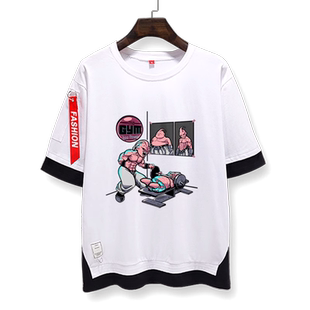 派大星cos七龙珠魔人布欧恶搞健身假两件短袖T恤衫男女五分袖中袖