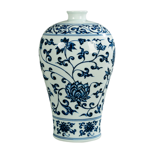 皇窑景德镇陶瓷花瓶摆件客厅插花青花瓷缠枝莲梅瓶装饰品礼盒款