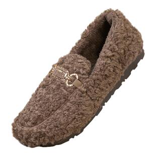 冬季加绒豆豆鞋女款加厚保暖二棉鞋一脚蹬防滑软底舒适妈妈开车鞋