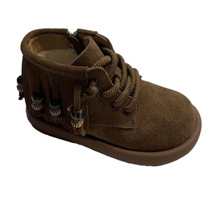 反毛皮真皮秋冬加绒二棉加厚洋气平底牛仔流苏女童公主短靴深棕色