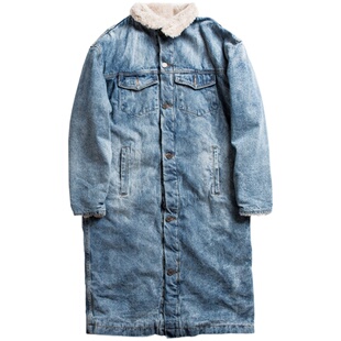 冬季高街欧美长款毛内里牛仔夹克长外套加绒加厚保暖棉大衣男女潮