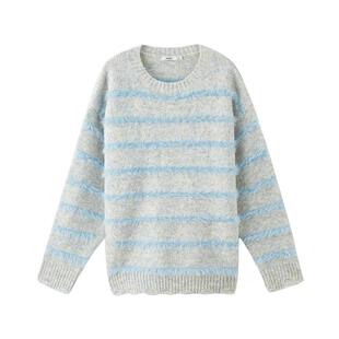 三福毛衣女2026新款春季宽松慵懒风圆领破洞摆条纹上衣女装515520