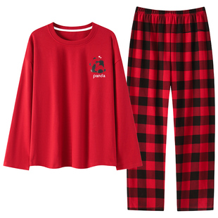 带胸垫一体大红色睡衣女春秋季长袖纯棉本命年喜庆外穿家居服套装