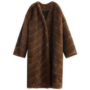 COCOBELLA中古风仿貂绒横排工艺环保皮草外套长款毛绒大衣FU3006