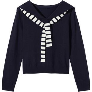 热风2026年春季新款女士披肩针织衫飘带设计海军领型简约修身长袖