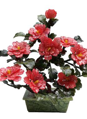 天然玉石9朵粉色牡丹花景泰蓝