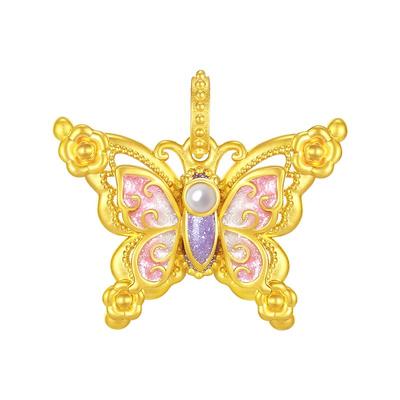 周大生黄金项链吊坠足金蝴蝶莫奈荧光珐琅心动蝶舞情人节新年礼物