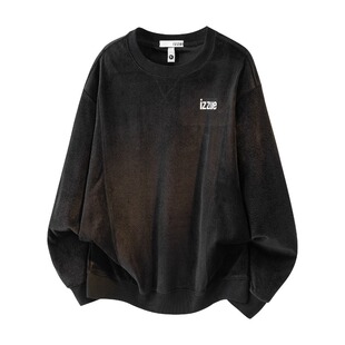 it izzue黑色圆领加绒卫衣男士高级感秋冬新款宽松保暖上衣男生Y