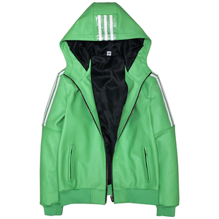 厚实挺阔头层牛皮真皮皮衣男女连帽休闲运动外套苹果绿色夹克衫阎