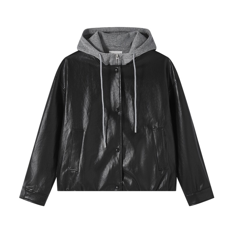 快鱼假两件连帽皮衣外套女冬款韩版拼接卫衣帽PU皮夹克复古机车服