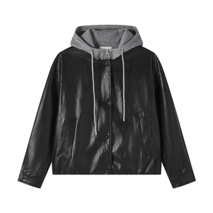 快鱼假两件连帽皮衣外套女冬款韩版拼接卫衣帽PU皮夹克复古机车服
