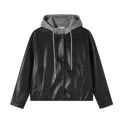 快鱼假两件连帽皮衣外套女冬款韩版拼接卫衣帽PU皮夹克复古机车服