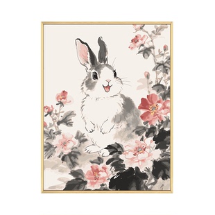 中国风兔子数字油画diy填充填色手工绘牡丹花卉丙烯油彩画装饰画
