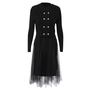 海青蓝纽扣装饰马甲内搭针织裙两件套秋冬新款时尚知性套装女