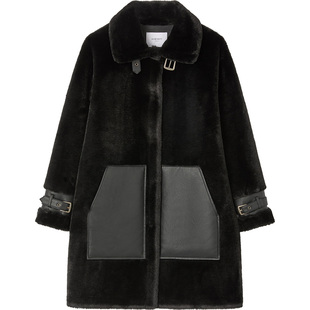 LK BENNETT黑色加绒大衣2025冬季新款翻领皮革时尚通勤中长款外套