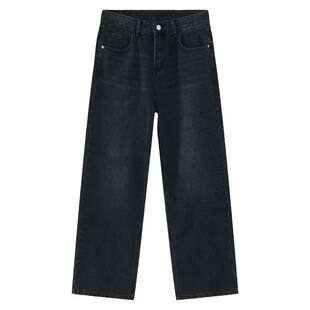 【阿XIAN】黑色做旧直筒宽松休闲阔腿休闲裤中腰长裤无弹牛仔裤