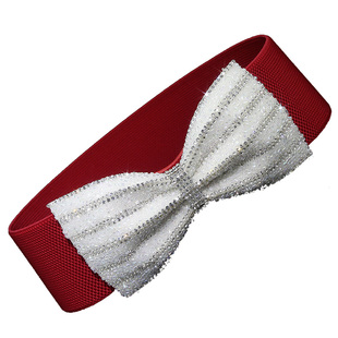 新款韩版蝴蝶结水钻松紧腰带女 宽 弹力腰封百搭连衣裙羽绒服白色