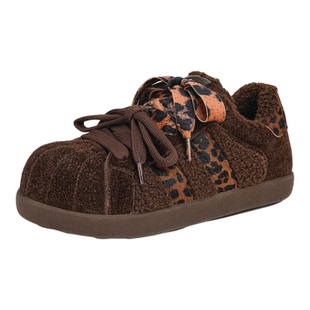 千百度厚底加绒板鞋女冬季2025新款百搭德训鞋豹纹时尚运动休闲鞋