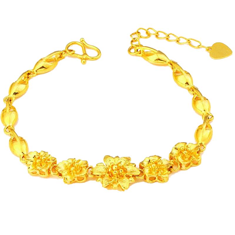 沙金花手链女仿黄金色手环女镀金色花朵吊坠锁骨项链套装久不掉色