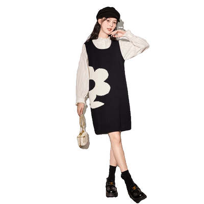 唐狮黑色背心裙女小个子入秋连衣裙秋冬季背带裙花朵毛衣马甲裙t5