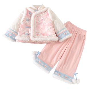兮兮家汉服女童冬季新款国风新中式裤子套装加厚绒拜年服唐装雪桃