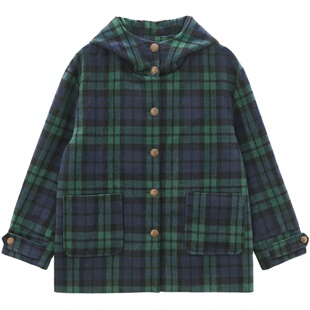 花吉B599墨绿色复古撞色格子条纹连帽毛呢外套女2026新款秋冬大衣