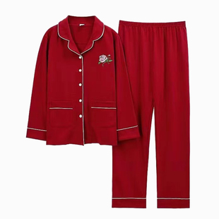 睡衣女春秋款100%纯棉长袖秋季女款红色本命年马年喜庆家居服套装