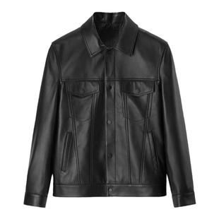 秋冬新款绵羊皮真皮皮衣男机车牛仔夹克修身短款翻领商务休闲外套