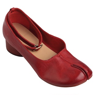 Ls' rommors轻奢 意大利水洗马皮tabi分趾单鞋脚踝扣带粗中跟女鞋