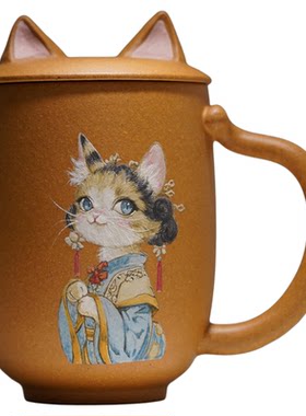 蜜糖紫砂｜女士茶器黄金段泥绘猫咪布偶盖杯大容量茶具（可定制）
