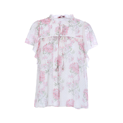 粉红玛丽通勤荷叶领短袖印花上衣
