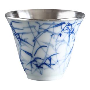 纯银时代 竹枝纹瓷包银主人茶杯足银999杯子品茗个人单杯60ml