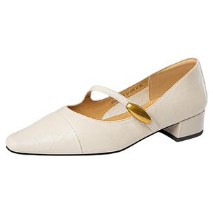 星期六棕色玛丽珍女2025方头粗跟浅口单鞋法式复古皱褶羊皮小皮鞋