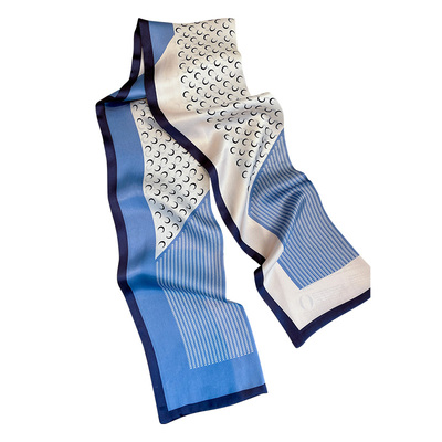 蓝色真丝长条丝巾系脖高级感飘带