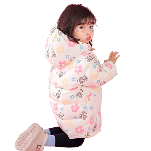 女童满印花朵熊连帽羽绒服冬季儿童潮洋气女宝宝小童加厚外套冬装