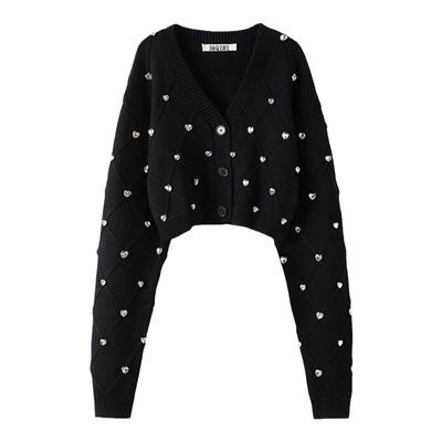 提花爱心水钻V领羊绒毛衣开衫