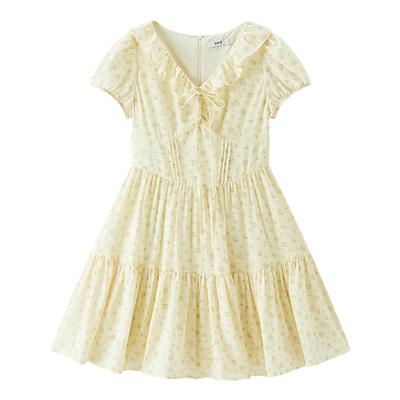 森马荷叶边V领肌理碎花连衣裙女