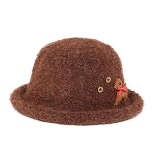 小狗蝴蝶结咖色渔夫帽短檐卷边女秋冬新款保暖护耳毛线帽遮阳盆帽