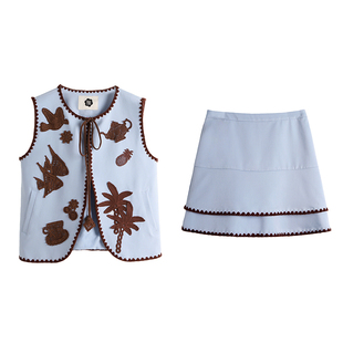 有耳uare原创设计 海岛么么茶 飞鸟海鱼钩花绣花马甲半身裙套装