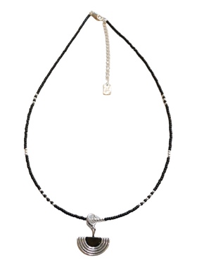 T.W新品通体925纯银扇形吊坠国风小众设计黑玛瑙银珠珠气质项链