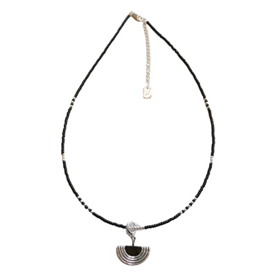 T.W新品通体925纯银扇形吊坠国风小众设计黑玛瑙银珠珠气质项链