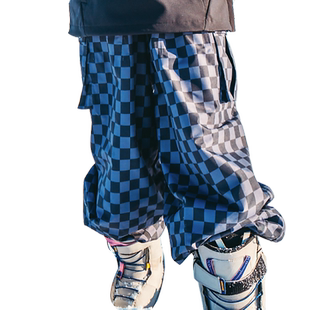 黑色棋盘格单板滑雪裤女冬季宽松嘻哈专业户外防水防风保暖束脚款