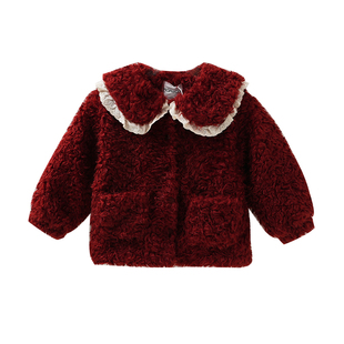 玛米玛卡女童羊羔毛红色外套2025冬季新款儿童保暖春节过年服装
