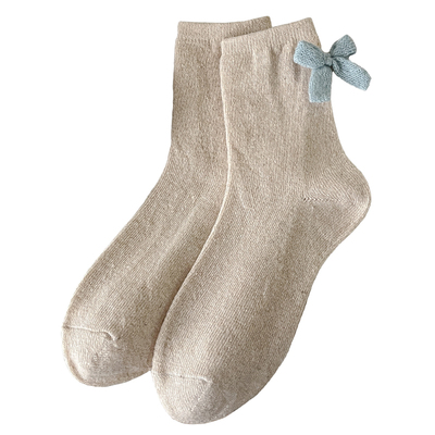 羊毛蝴蝶结女袜子保暖秋冬中筒袜