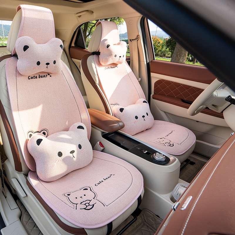 亚麻汽车坐垫四季通用网红夏季防滑通风座垫女神可爱卡通座套